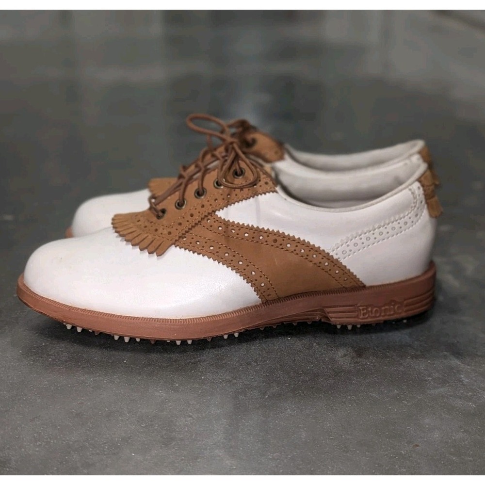 Vintage 90s Golf Shoes White Tan‎ Leather Fringe Kiltie Etonic 7N 1997